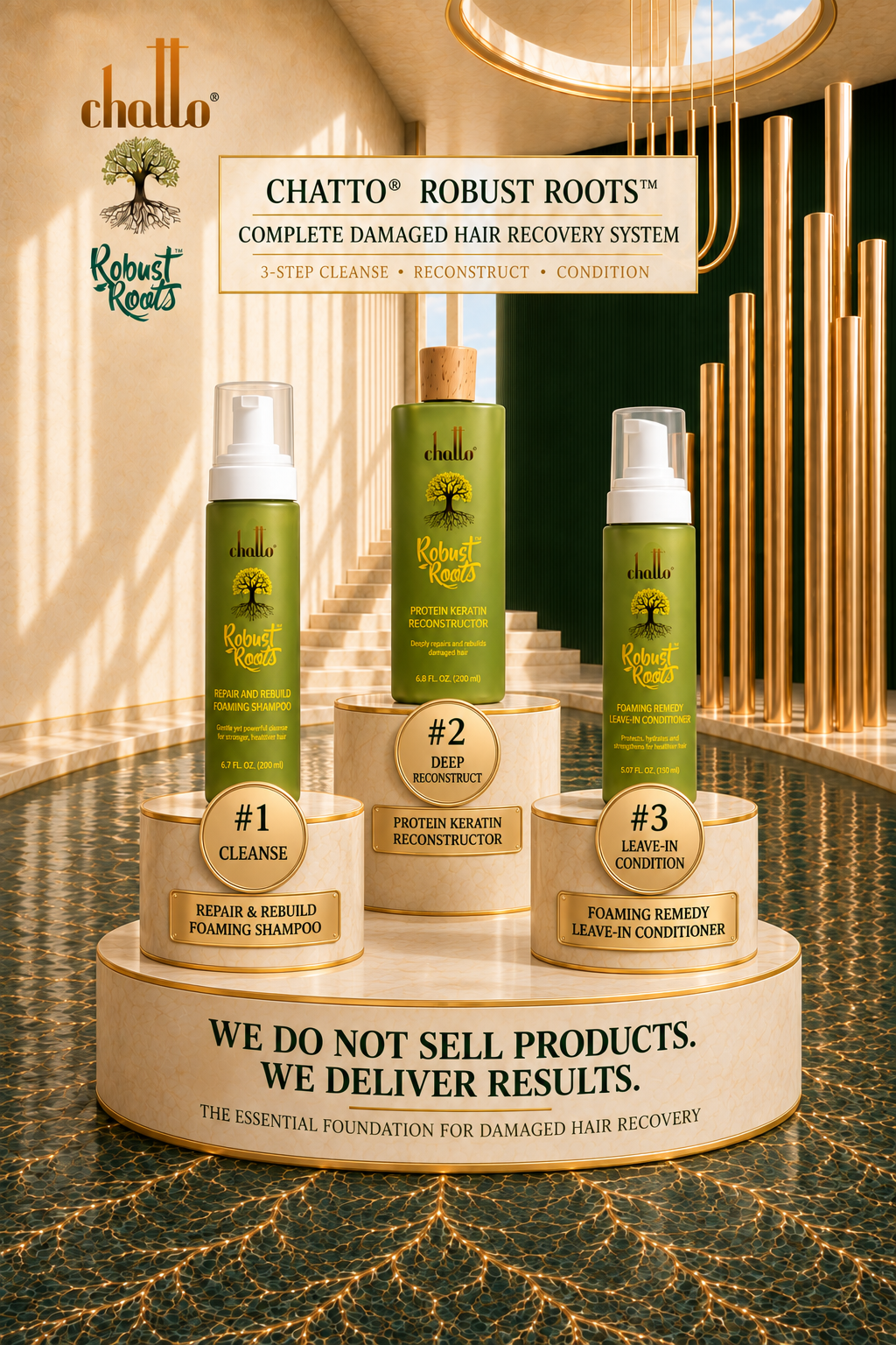 CHATTO® Robust Roots™ Complete Damaged Hair Recovery System 3-Step Cleanse, Reconstruct, Condition