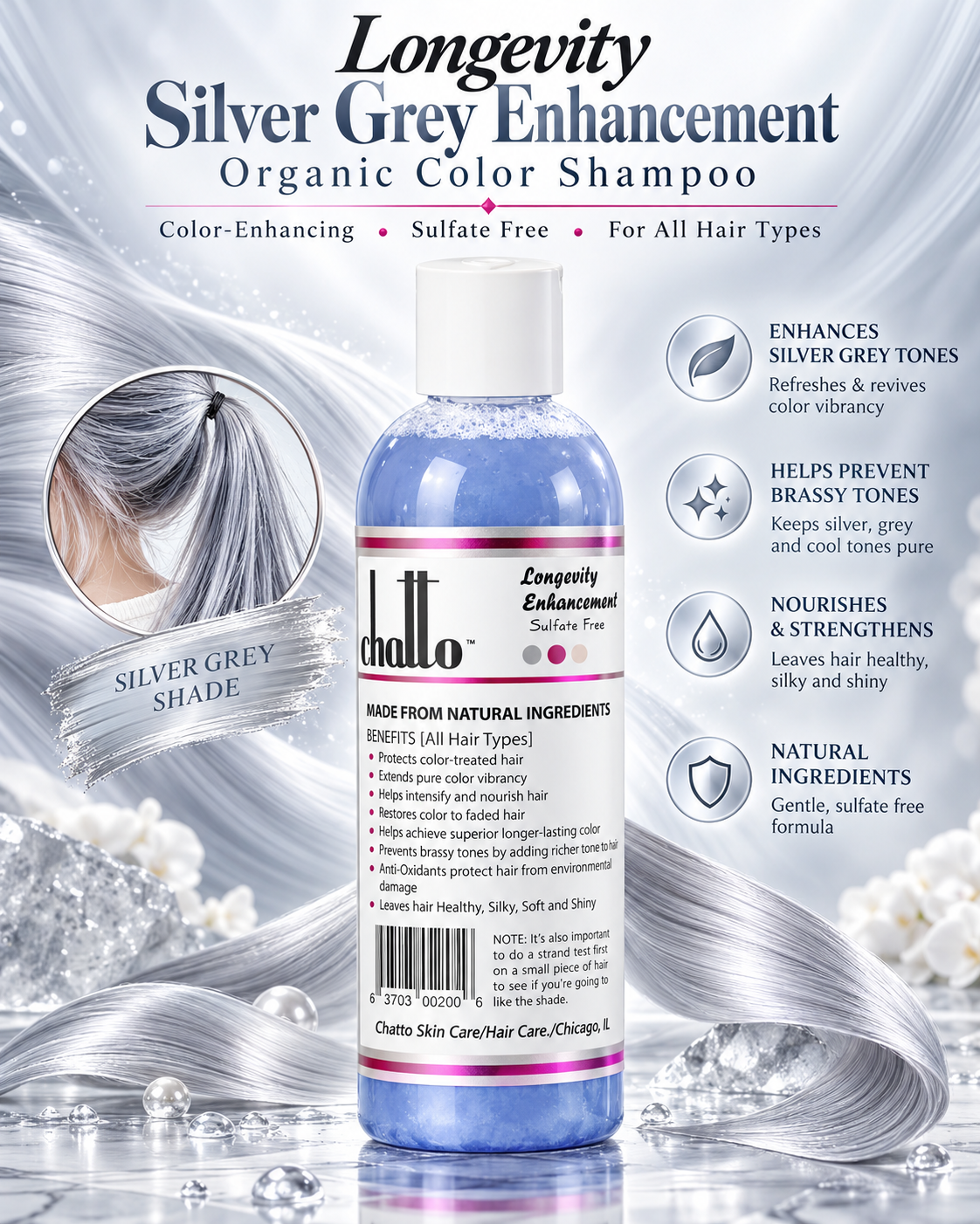 Longevity Silver Grey Enhancement Organic Color Shampoo