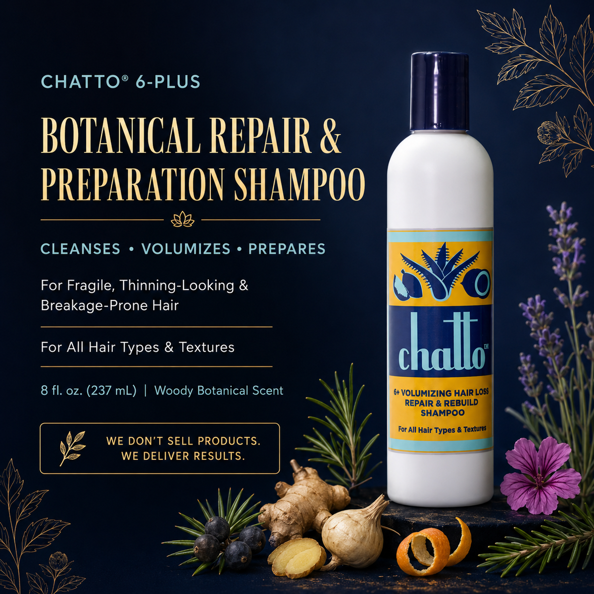 CHATTO 6-Plus Volumizing Hair Loss Repair and Rebuild Shampoo campaign image, Step 1 cleanse and prepare