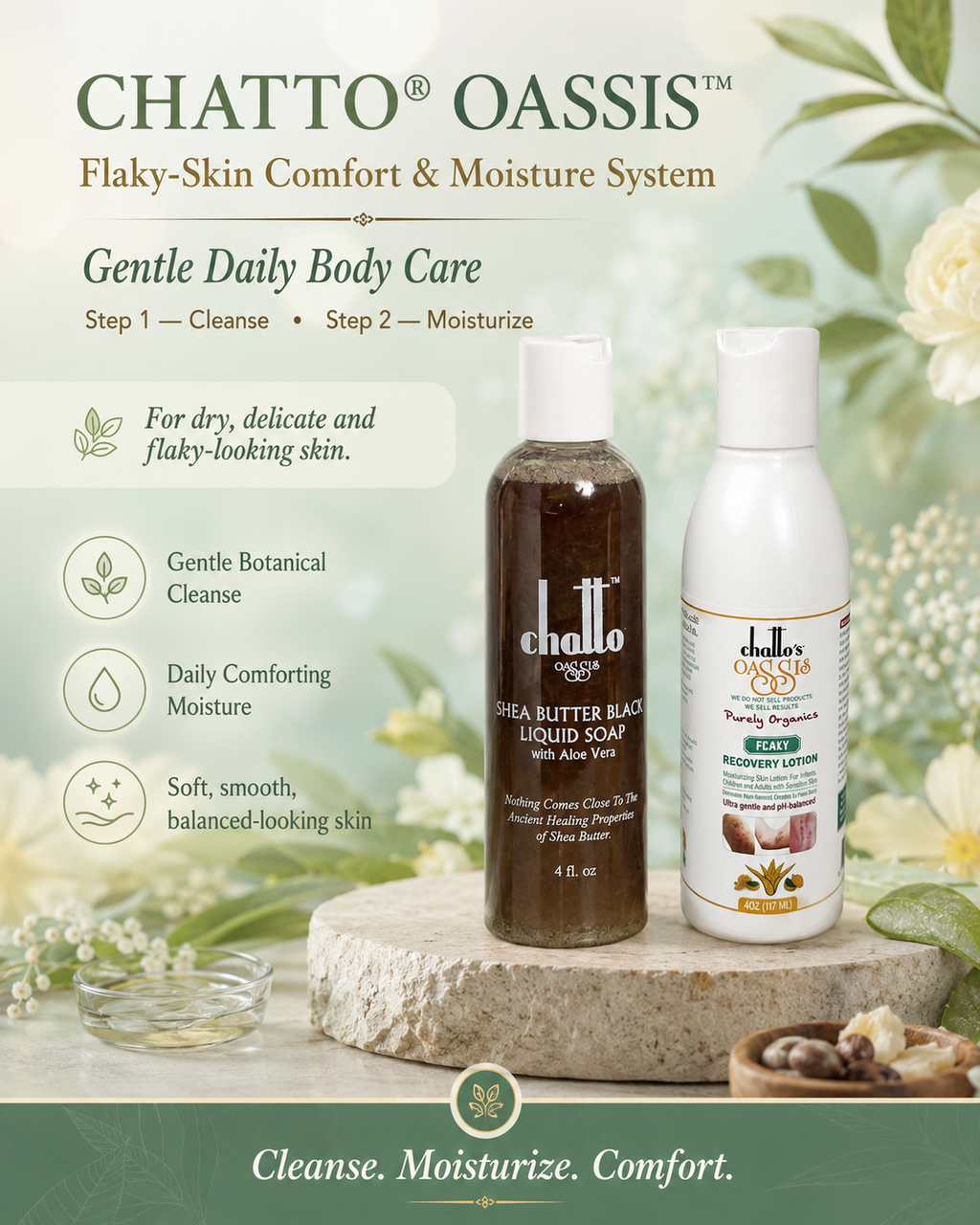 CHATTO OASSIS Flaky-Skin Comfort and Moisture System with gentle cleanser and daily moisture lotion